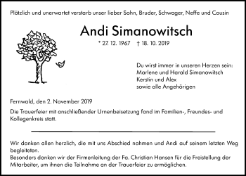 Traueranzeige von Andreas Simanowitsch von Giessener Allgemeine, Alsfelder Allgemeine
