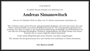 Traueranzeige von Andreas Simanowitsch von Giessener Allgemeine, Alsfelder Allgemeine