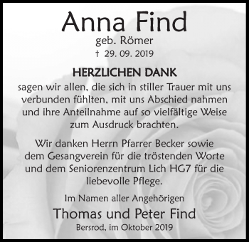 Traueranzeige von Anna Find von Giessener Allgemeine, Alsfelder Allgemeine