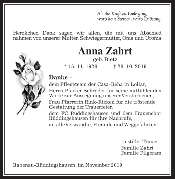 Traueranzeige von Anna Zahrt von Rabenauer Zeitung