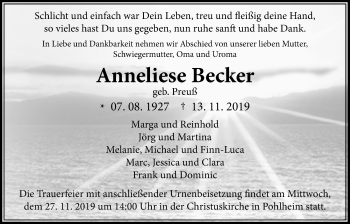 Traueranzeige von Anneliese Becker von Giessener Allgemeine, Alsfelder Allgemeine