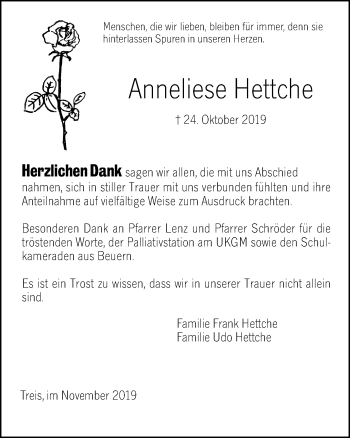 Traueranzeige von Anneliese Hettche von Giessener Allgemeine, Alsfelder Allgemeine