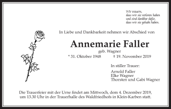 Traueranzeige von Annemarie Faller von Wetterauer Zeitung