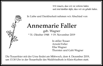 Traueranzeige von Annemarie Faller von Bad Vilbel/Karben