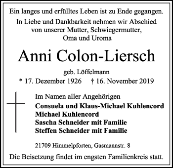Traueranzeige von Anni Colon-Liersch von Giessener Allgemeine, Alsfelder Allgemeine