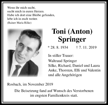 Traueranzeige von Anton Springer von Wetterauer Zeitung