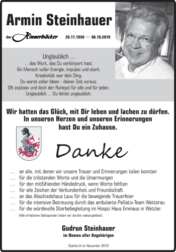 Traueranzeige von Armin Steinhauer von Wetterauer Zeitung