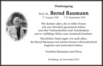 Traueranzeige von Bernd Baumann von Wetterauer Zeitung