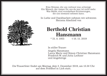 Traueranzeige von Berthold Christian Hansmann von Giessener Allgemeine, Alsfelder Allgemeine