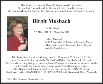 Traueranzeige von Birgit Mosbach von Wetterauer Zeitung