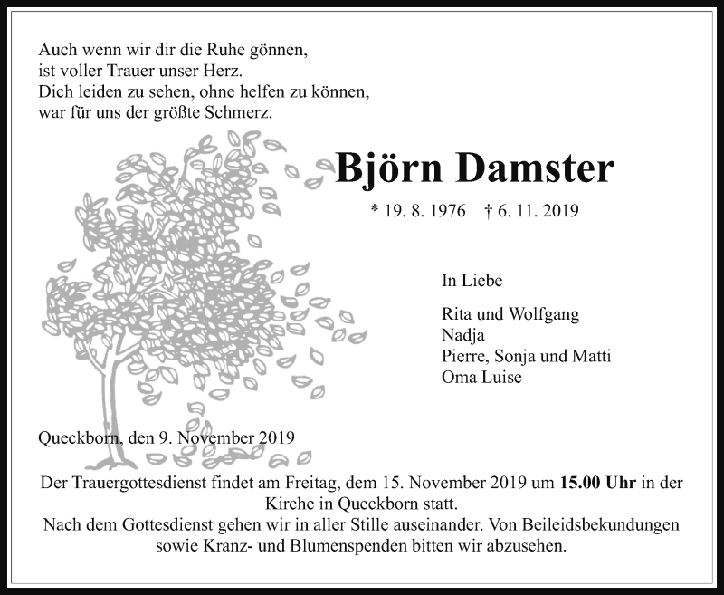  Traueranzeige für Björn Damster vom 09.11.2019 aus Giessener Allgemeine, Alsfelder Allgemeine