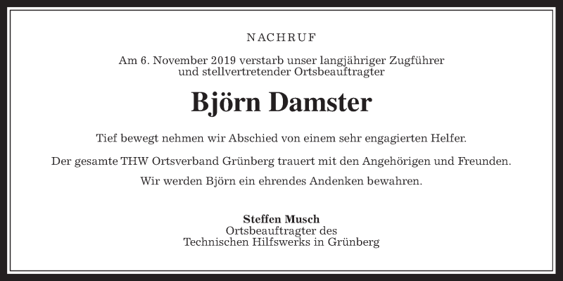  Traueranzeige für Björn Damster vom 16.11.2019 aus Giessener Allgemeine, Alsfelder Allgemeine