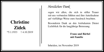 Traueranzeige von Christine Zidek von Licher Wochenblatt