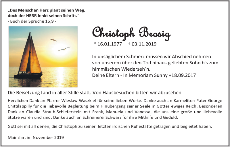  Traueranzeige für Christoph Brosig vom 09.11.2019 aus Giessener Allgemeine, Alsfelder Allgemeine