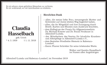Traueranzeige von Claudia Hasselbach von Allendorfer Mitteilungen, Rabenauer Zeitung