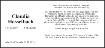 Traueranzeige von Claudia Hasselbach von Giessener Allgemeine, Alsfelder Allgemeine