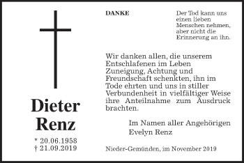 Traueranzeige von Dieter Renz von Alsfelder Allgemeine