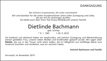 Traueranzeige von Dietlinde Bachmann von Giessener Allgemeine, Alsfelder Allgemeine