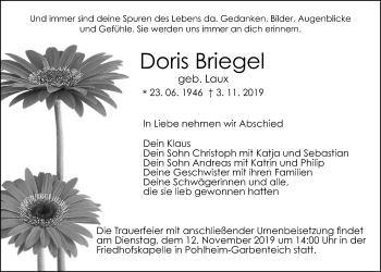Traueranzeige von Doris Briegel von Giessener Allgemeine, Alsfelder Allgemeine