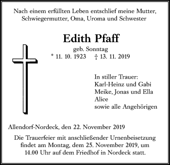 Traueranzeige von Edith Pfaff von Giessener Allgemeine, Alsfelder Allgemeine
