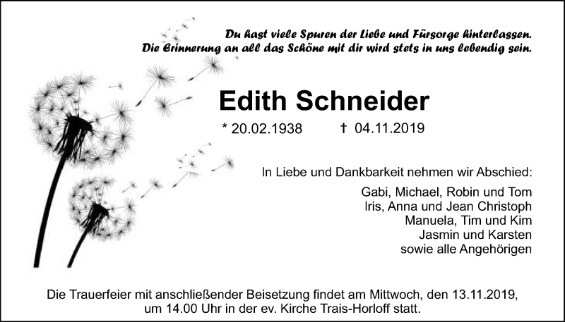  Traueranzeige für Edith Schneider vom 07.11.2019 aus Licher Wochenblatt