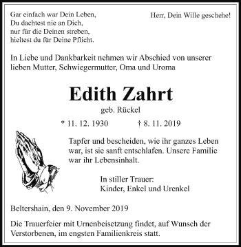 Traueranzeige von Edith Zahrt von Giessener Allgemeine, Alsfelder Allgemeine