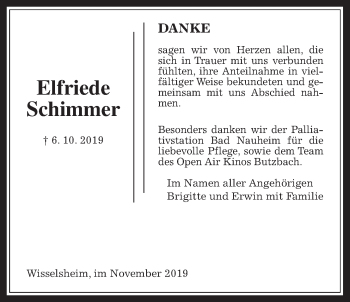 Traueranzeige von Elfriede Schimmer von Wetterauer Zeitung