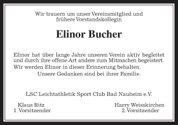 Traueranzeige von Elinor Bucher von Wetterauer Zeitung