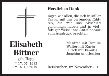 Traueranzeige von Elisabeth Bittner von Reiskirchener Anzeiger