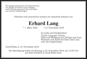 Traueranzeige von Erhard Lang von Alsfelder Allgemeine