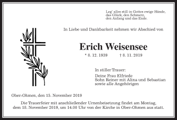 Traueranzeige von Erich Weisensee von Alsfelder Allgemeine