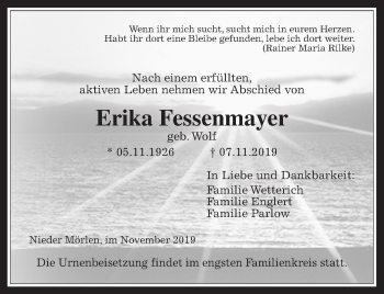 Traueranzeige von Erika Fessenmayer von Wetterauer Zeitung