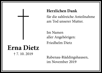 Traueranzeige von Erna Dietz von Rabenauer Zeitung