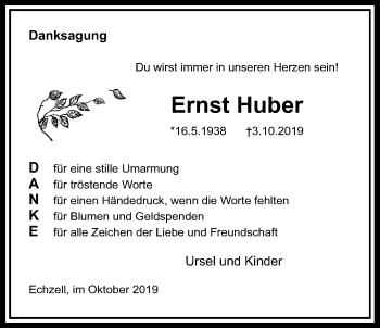 Traueranzeige von Ernst Huber von Giessener Allgemeine, Alsfelder Allgemeine
