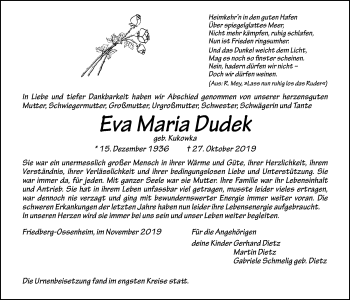 Traueranzeige von Eva Maria Dudek von Wetterauer Zeitung