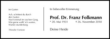 Traueranzeige von Franz Folkmann von Giessener Allgemeine, Alsfelder Allgemeine