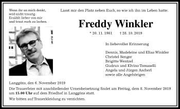 Traueranzeige von Freddy Winkler von Giessener Allgemeine, Alsfelder Allgemeine