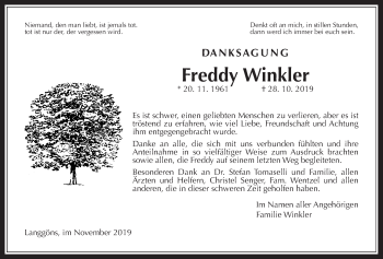 Traueranzeige von Freddy Winkler von Giessener Allgemeine, Alsfelder Allgemeine