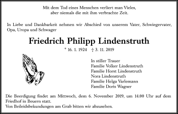 Traueranzeige von Friedrich Philipp Lindenstruth von Giessener Allgemeine, Alsfelder Allgemeine