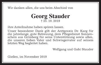 Traueranzeige von Georg Stauder von Giessener Allgemeine, Alsfelder Allgemeine