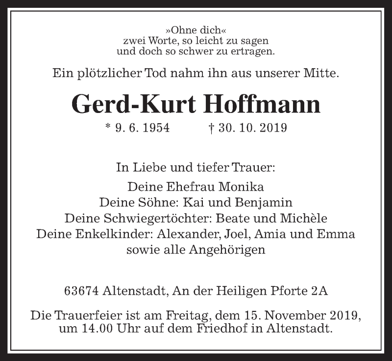  Traueranzeige für Gerd-Kurt Hoffmann vom 09.11.2019 aus Wetterauer Zeitung