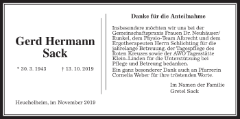 Traueranzeige von Gerd Hermann Sack von Giessener Allgemeine, Alsfelder Allgemeine