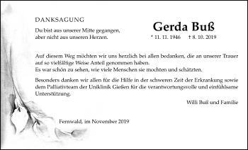 Traueranzeige von Gerda Buß von Giessener Allgemeine, Alsfelder Allgemeine