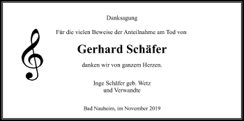Traueranzeige von Gerhard Schäfer von Wetterauer Zeitung