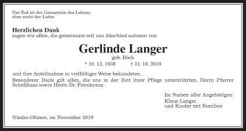 Traueranzeige von Gerlinde Langer von Mücker Stimme