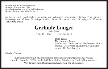 Traueranzeige von Gerlinde Langer von Alsfelder Allgemeine