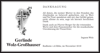 Traueranzeige von Gerlinde Wolz-Großhauser von Wetterauer Zeitung