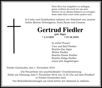 Traueranzeige von Gertrud Fiedler von Alsfelder Allgemeine