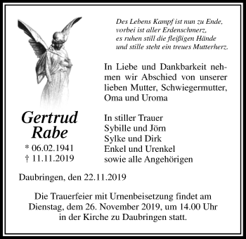 Traueranzeige von Gertrud Rabe von Giessener Allgemeine, Alsfelder Allgemeine