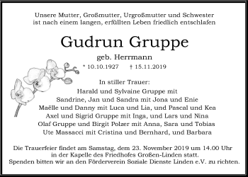 Traueranzeige von Gudrun Gruppe von Alsfelder Allgemeine, Giessener Allgemeine